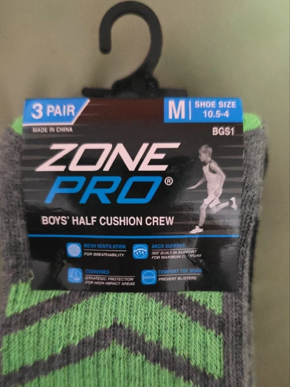Zone Pro Boy's Athletic Crew Socks - Gray & Green